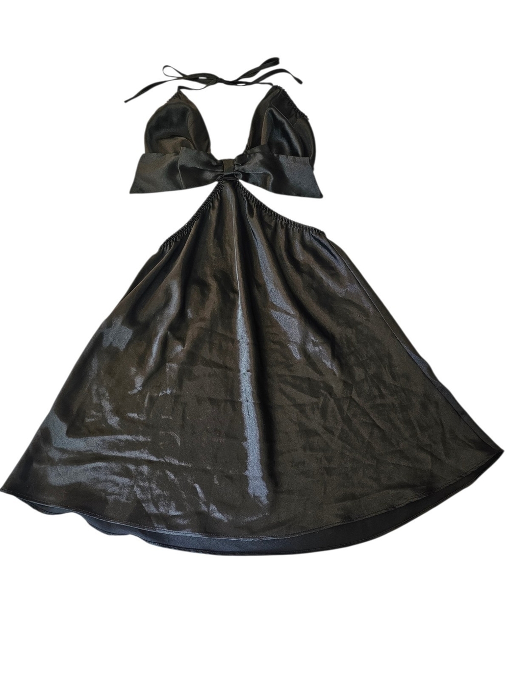 VTG Frederick's of Hollywood Black Satin Cutout Halter Dress Babydoll Coquette M